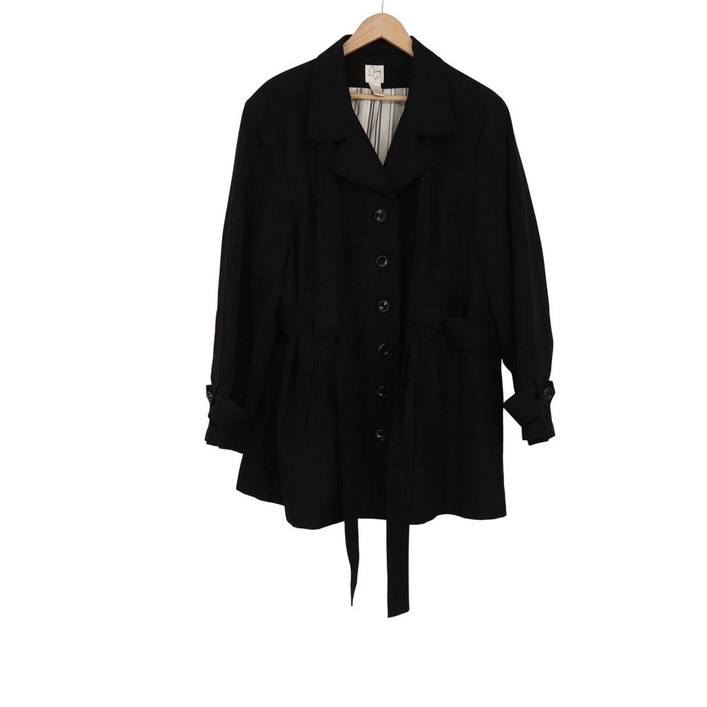 Notations Jacket Womens 2X Belted Trench Coat Black Button Front Excellent